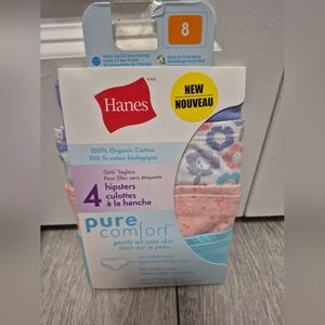 4 Pairs Of Hanes Pure Comfort Girls' 100% Organic Cotton Hipsters Underwear. Sz8
